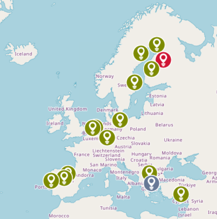 Map of Europe with the organisations and countries involved in the NEMESIS project. 